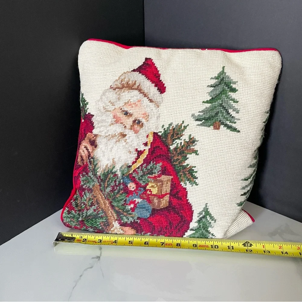 Santa with Trees Holiday Needlepoint Pillow